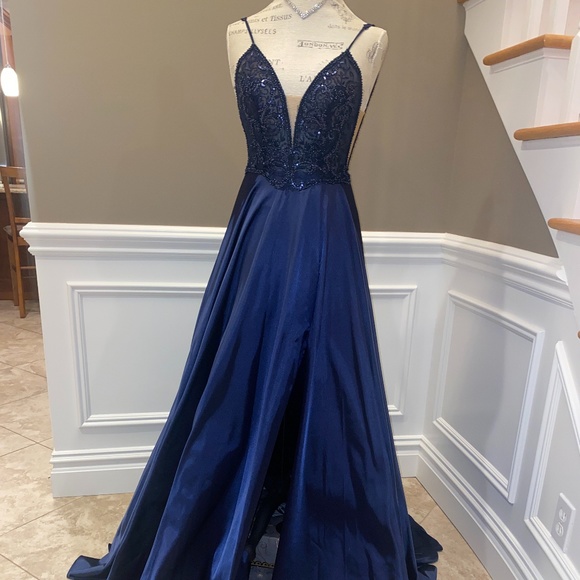 Faviana Sheer Blue Prom Dress - Picture 4 of 14